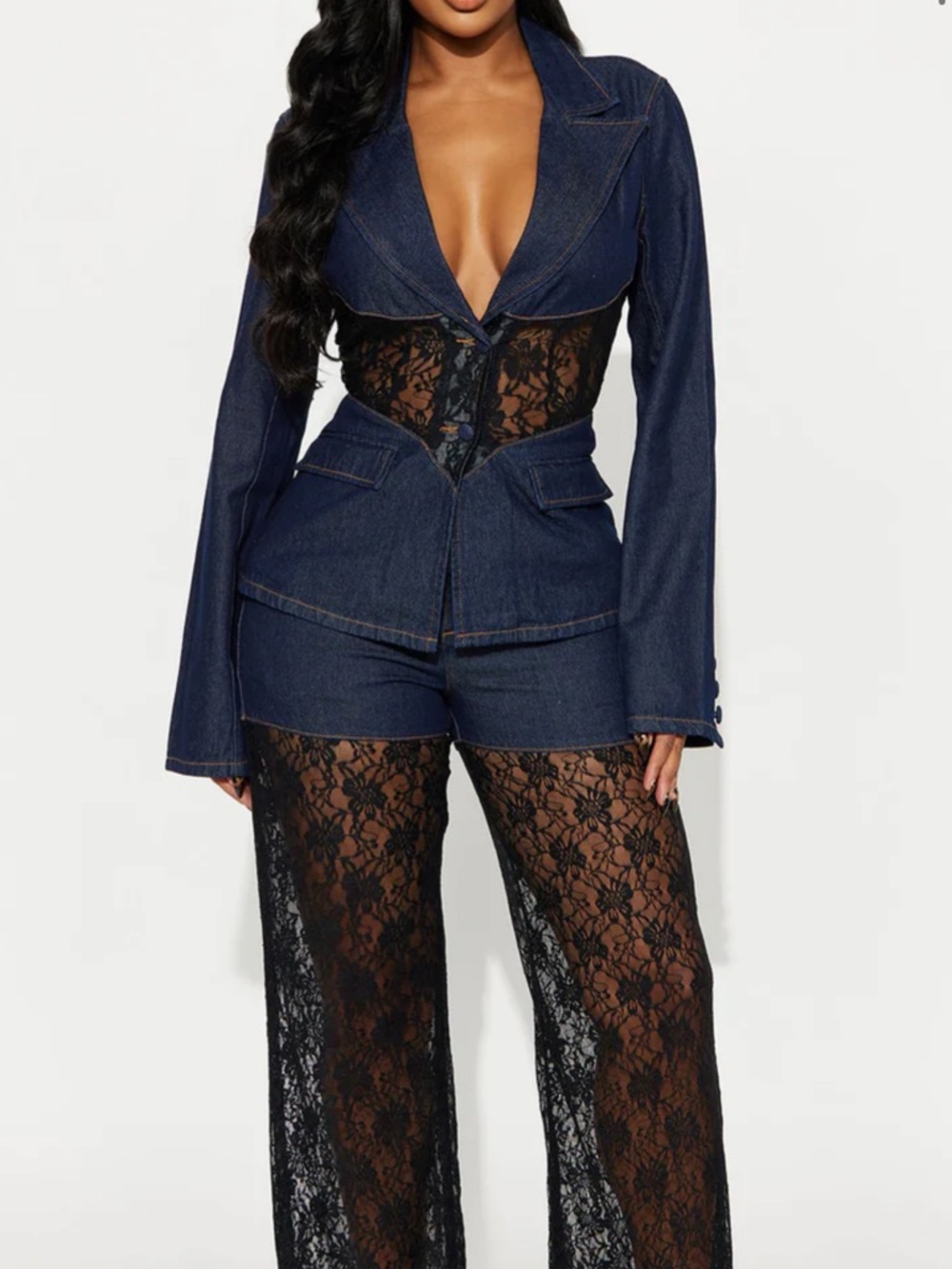 Fashion Nova Navy Denim Lace-Trim Corset Blazer